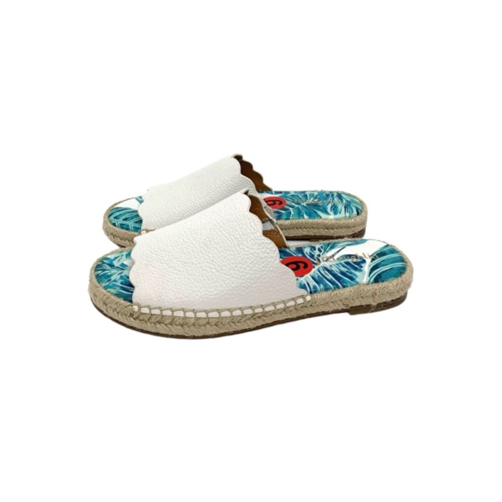 J. McLaughlin White Scalloped Pebbled Leather Tropical Espadrille Slide Sandals